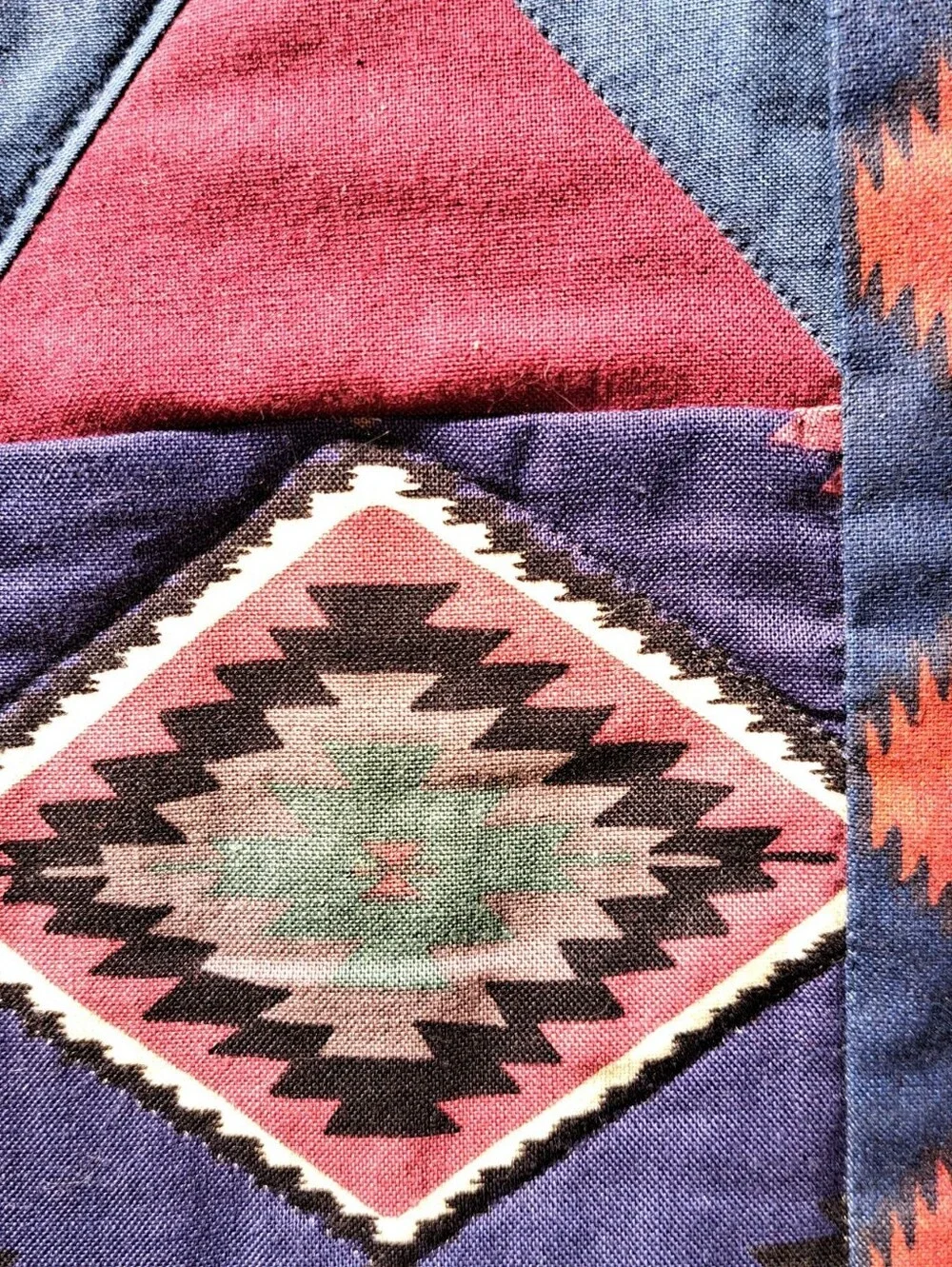 Handmade Geometric Patchwork Quilt in Red, Blue & White